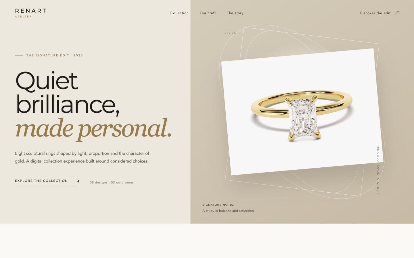 Editorial homepage design of the Renart jewelry product showcase case study