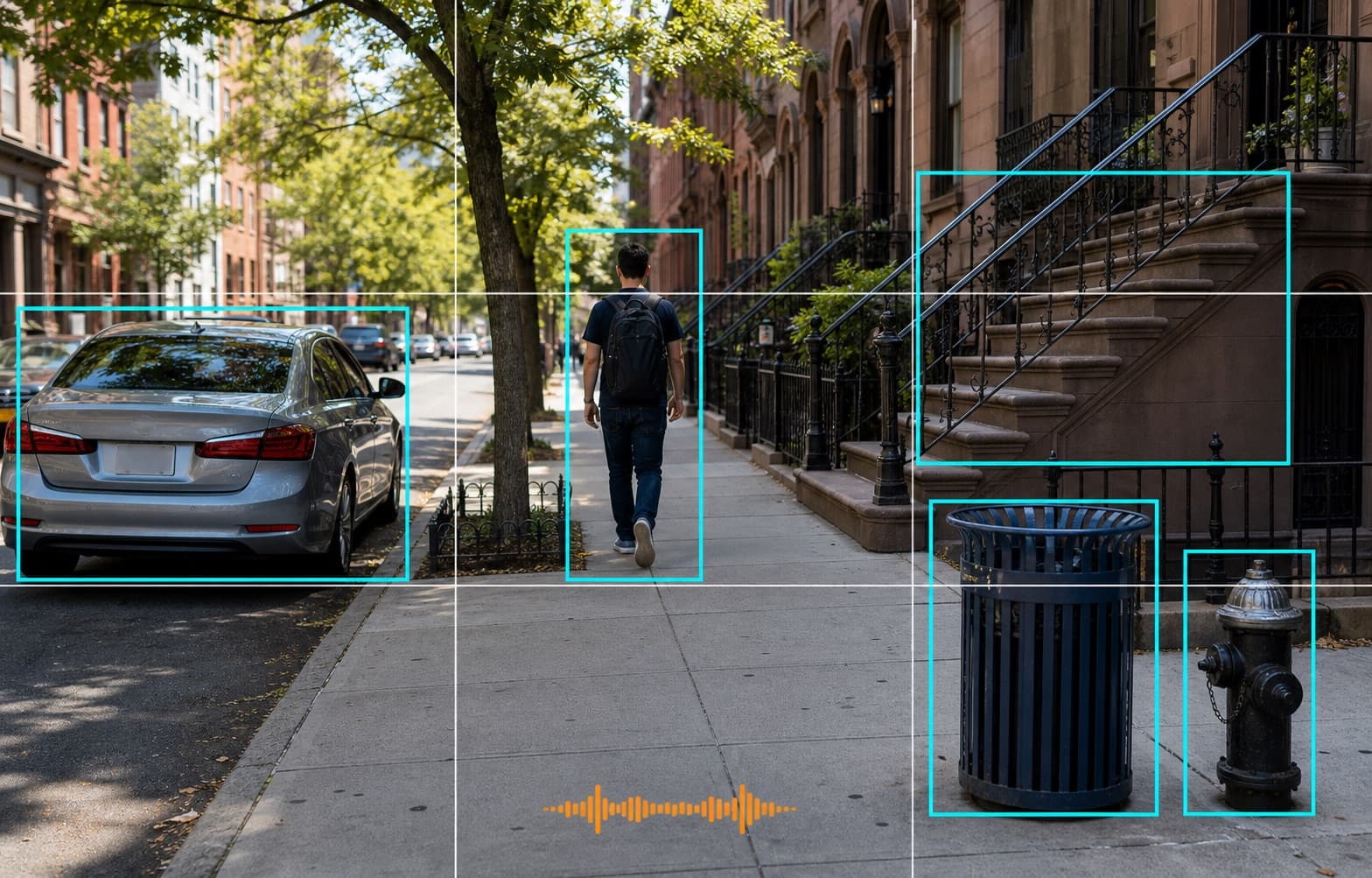 SmartVisionAssist computer-vision visualization marking objects and position regions on a city sidewalk